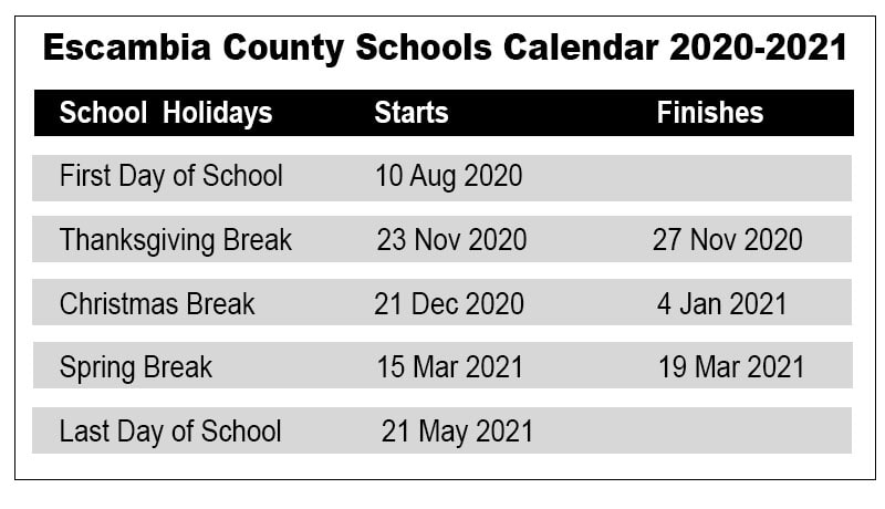 Escambia County School District Calendar - US School Calendar