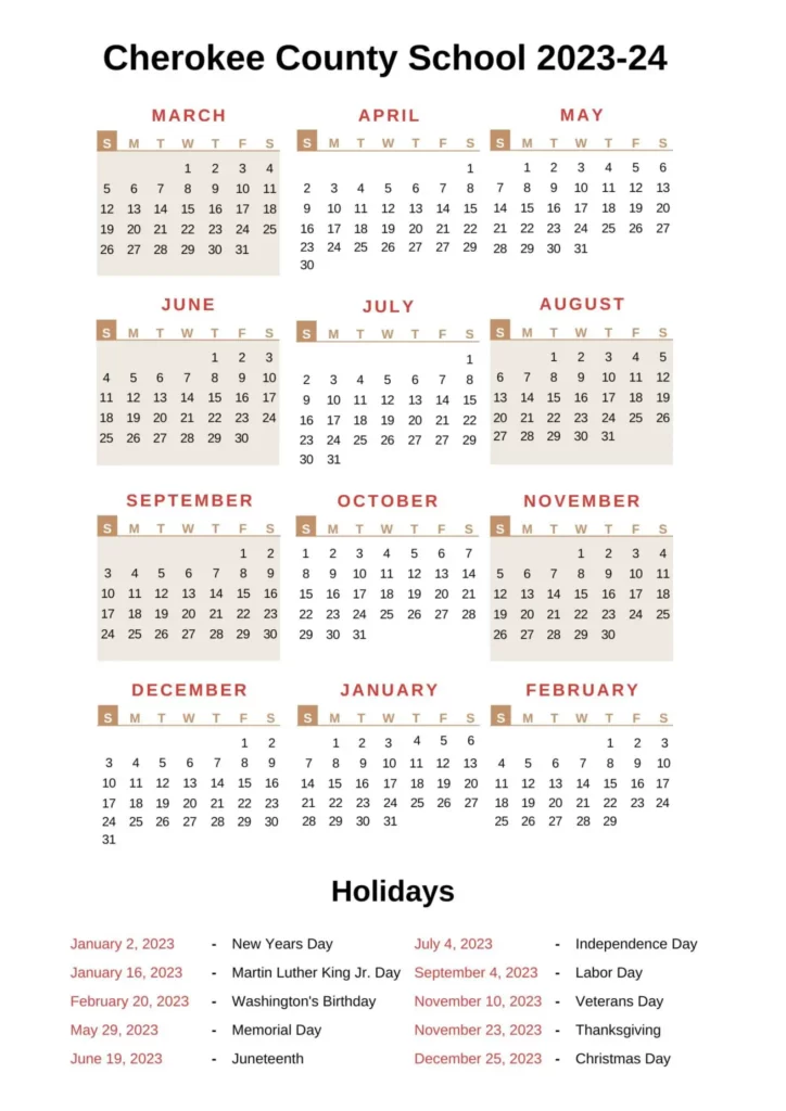 �� Cherokee County School District Calendar 2024-2025 [PDF]